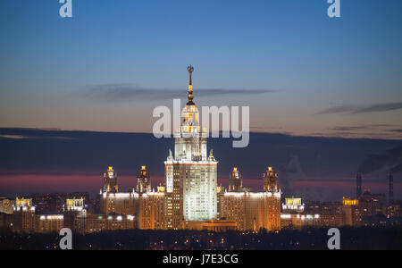 Lomonosov Moscow State University building at night, Russia Stock Photo