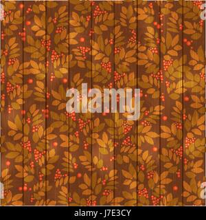 Leaves endless pattern with leaf and berry on wooden background Stock Vector