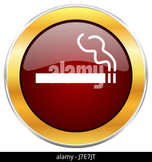 Cigarette red web icon with golden border isolated on white background. Round glossy button. Stock Photo