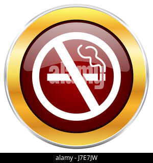 No smoking red web icon with golden border isolated on white background. Round glossy button. Stock Photo