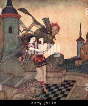 ' The Prince, looking out, saw him snatch up the Princess and soar rapidly away'.  Illustration from the Serbian fairytale The Story of Bashtchelik.  From Edmund Dulac's Fairy-Book: Fairy Tales of the Allied Nations, published 1916. Stock Photo