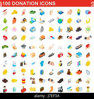 100 donation icons set, isometric 3d style Stock Vector
