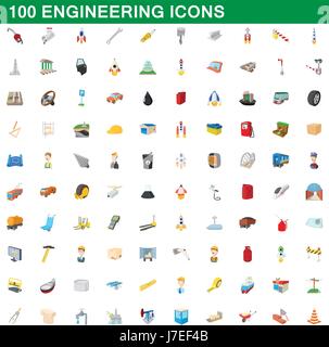 100 engineering icons set, cartoon style Stock Vector