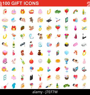 100 gift icons set, isometric 3d style Stock Vector