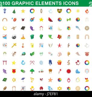 100 graphic elements icons set, cartoon style Stock Vector