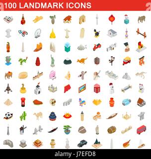 100 landmark icons set, isometric 3d style Stock Vector