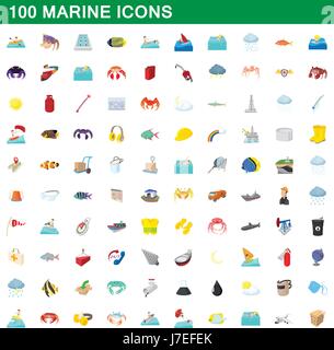 100 marine icons set, cartoon style Stock Vector