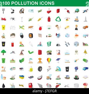 100 pollution icons set, cartoon style Stock Vector