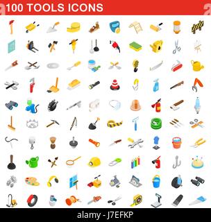100 tools icons set, isometric 3d style Stock Vector