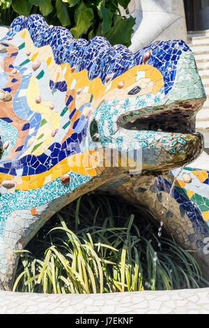 A mosaic tiled salamander, El Drac, in Antoni Gaudi's Park Güell, Barcelona, Spain Stock Photo