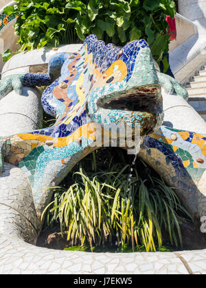 A mosaic tiled salamander, El Drac, in Antoni Gaudi's Park Güell, Barcelona, Spain Stock Photo