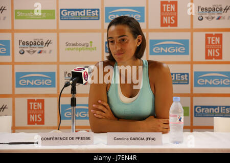 Strasbourg, France. 24th May, 2017. French tennis player Caroline Garcia is answering questions during the press conference after her win in the 1/8 final round of the WTA tennis Internationaux of Strasbourg vs Polish tennis player Magda Linette on May 24, 2017 in Strasbourg, France - ©Yan Lerval/Alamy Live News Stock Photo