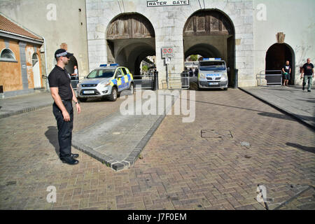 Gibraltar. 24th May 2017. Royal Gibraltar Police recruits today paraded through Main Street onto Casemates Square under tight armed security. The Police Passing Out parade continued as normal with the British Overseas Territory keeping their security levels at Substantial and not paralleling the UK’s Critical security status. The parade was supported by Armed Response Units from both the RGP and GDP along with AFO officers, police dog units and search teams to ensure tight security measures were in place throughout the event. Credit: Stephen Ignacio/Alamy Live News Stock Photo