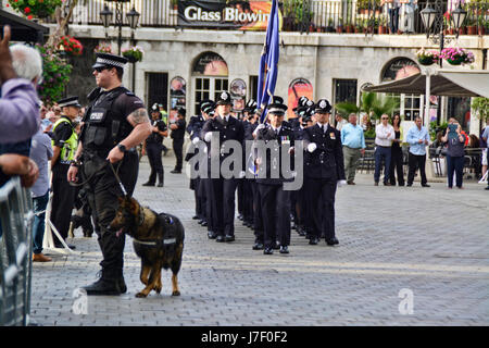 Gibraltar. 24th May 2017. Royal Gibraltar Police recruits today paraded through Main Street onto Casemates Square under tight armed security. The Police Passing Out parade continued as normal with the British Overseas Territory keeping their security levels at Substantial and not paralleling the UK’s Critical security status. The parade was supported by Armed Response Units from both the RGP and GDP along with AFO officers, police dog units and search teams to ensure tight security measures were in place throughout the event. Credit: Stephen Ignacio/Alamy Live News Stock Photo