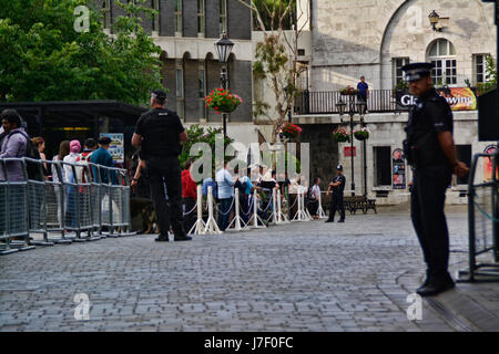 Gibraltar. 24th May 2017. Royal Gibraltar Police recruits today paraded through Main Street onto Casemates Square under tight armed security. The Police Passing Out parade continued as normal with the British Overseas Territory keeping their security levels at Substantial and not paralleling the UK’s Critical security status. The parade was supported by Armed Response Units from both the RGP and GDP along with AFO officers, police dog units and search teams to ensure tight security measures were in place throughout the event. Credit: Stephen Ignacio/Alamy Live News Stock Photo