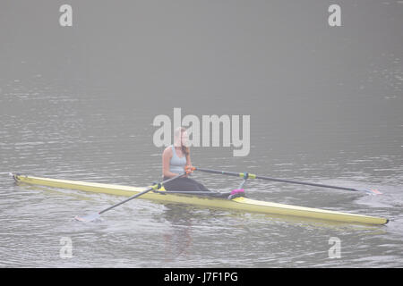 Chester, Cheshire, 25th May 2017 UK Weather. The day begins with foggy coastal and inland areas this morning before the sun burns it away to be yet another hot day for many in the UK. A foggy start in Chester for this rower on the River Dee before it becomes the hottest day of the year so far, this year Stock Photo