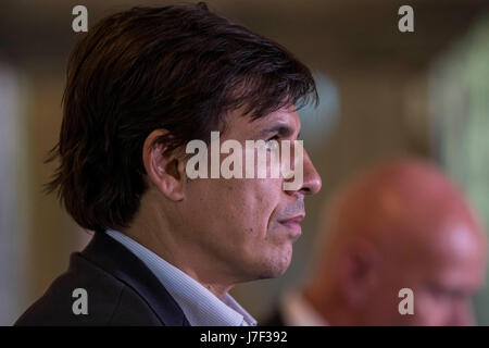 Hensol, Wales, Uk. 25th May, 2017. Hensol, Wales, UK, May 25th 2017. Wales national team manager Chris Coleman observes a minute's silence for victims of the Manchester attack during a press conference naming his squad for a training camp in Portugal and to face Serbia in a World Cup 2018 Qualification at the Vale Resort. Picture by Credit: Mark Hawkins/Alamy Live News Stock Photo