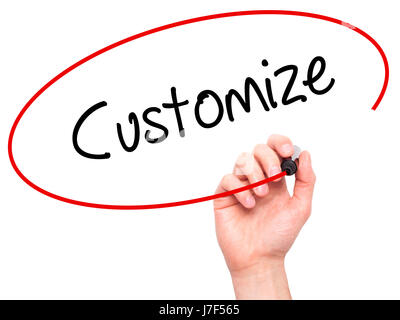 Man Hand writing  Customize with black marker on visual screen. Isolated on white. Business, technology, internet concept. Stock Photo Stock Photo