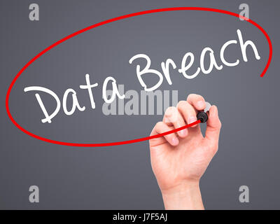 Man Hand writing Data Breach with black marker on visual screen. Isolated on grey. Business, technology, internet concept. Stock Photo Stock Photo