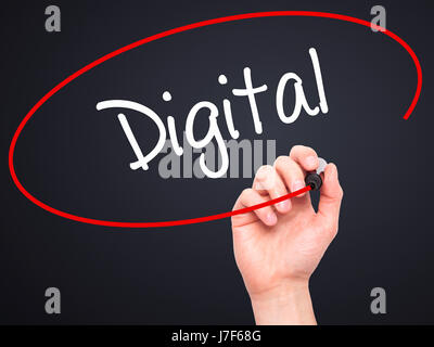 Man Hand writing Digital with black marker on visual screen. Isolated on background. Business, technology, internet concept. Stock Photo Stock Photo