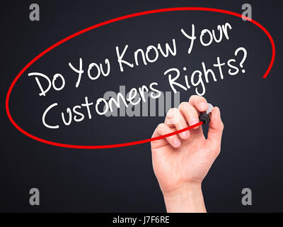 Man Hand writing Do You Know Your Customers Rights? with black marker on visual screen. Isolated on background. Business, technology, internet concept Stock Photo