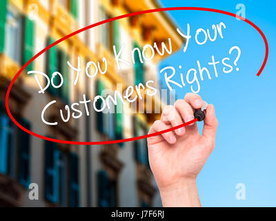 Man Hand writing Do You Know Your Customers Rights? with black marker on visual screen. Isolated on background. Business, technology, internet concept Stock Photo