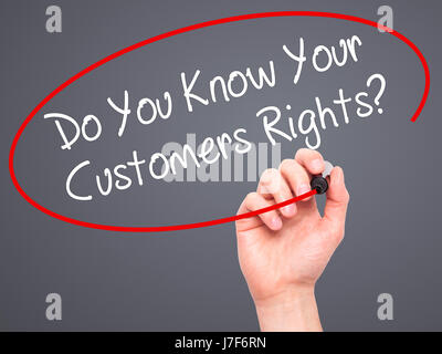 Man Hand writing Do You Know Your Customers Rights? with black marker on visual screen. Isolated on background. Business, technology, internet concept Stock Photo