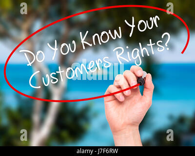 Man Hand writing Do You Know Your Customers Rights? with black marker on visual screen. Isolated on background. Business, technology, internet concept Stock Photo