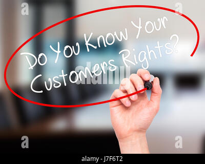 Man Hand writing Do You Know Your Customers Rights? with black marker on visual screen. Isolated on background. Business, technology, internet concept Stock Photo