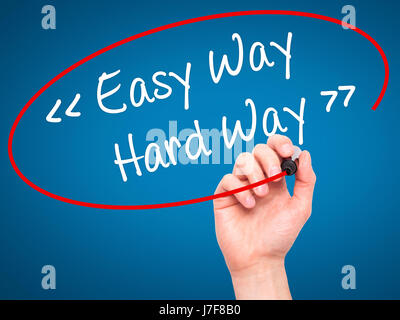 Man Hand writing Easy Way - Hard Way with black marker on visual screen. Isolated on background. Business, technology, internet concept. Stock Photo Stock Photo