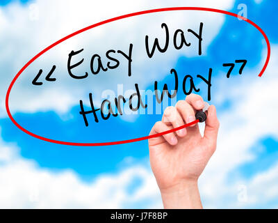 Man Hand writing Easy Way - Hard Way with black marker on visual screen. Isolated on background. Business, technology, internet concept. Stock Photo Stock Photo