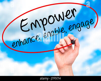 Man Hand writing Empower enhance, enable, engage with black marker on ...