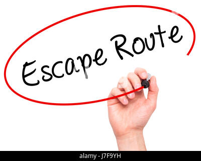 Man Hand writing Escape Route with black marker on visual screen. Isolated on white. Business, technology, internet concept. Stock Photo Stock Photo
