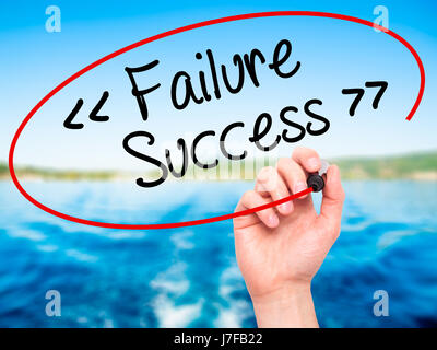 Man Hand writing Failure Success with black marker on visual screen. Isolated on background. Business, technology, internet concept. Stock Photo Stock Photo