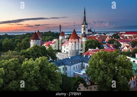 Aerial View of Tallinn Old Town from Toompea Hill in the Evening, Tallinn, Estonia Stock Photo