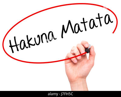 Man Hand writing Hakuna Matata (Swahili phrase; it means &quot;no worries&quot;) with black marker on visual screen. Isolated on white. Business, tech Stock Photo