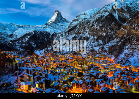 Aerial View on Zermatt Valley and Matterhorn Peak at Dawn, Switzerland Stock Photo