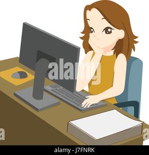Business woman working on desktop computer and rest the chin on the hand, She is bored Stock Vector