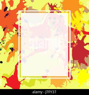 Red orange maroon artistic ink splashes vector background. Greeting card or invitation template with semi-transparent rectangle frame for text Stock Vector