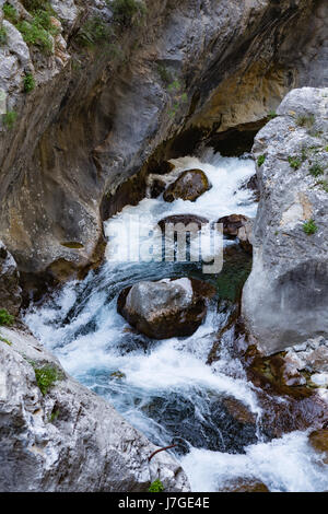 Vertical shot of beautiful Sapadere canyon in Taurus mountains near Alanya in Turkey Stock Photo