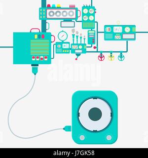 Electric supply of a speaker accessory. Speaker connected to a machine. Machinery producing electrical energy. Stock Vector