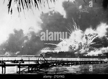 USS SHAW destroyer exploding when her forward ammunition magazine was set on fire during the Pearl Harbour attack on 7 December  1941 Stock Photo