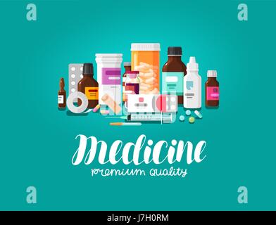 Medicine concept. Pharmacy, pharmaceutics, hospital, clinic icons or logo. Flat design, vector illustration Stock Vector
