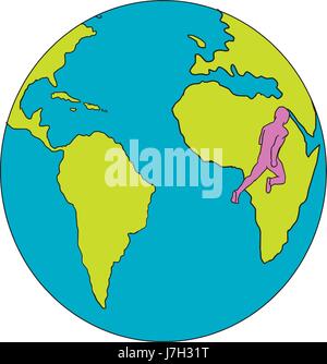 Drawing sketch style illustrations of marathon triathlete runner running viewed from the side set inside globe showing South America and Africa. Stock Vector