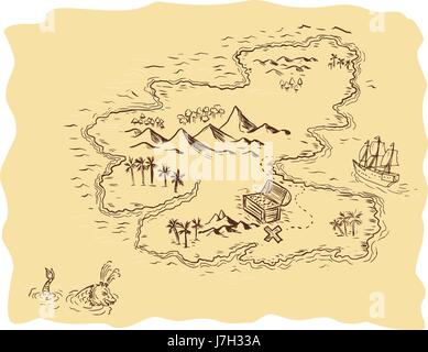 Drawing sketch style illustration of a pirate treasure map showing a treasure chest with x mark the sport and sailing ship and sea serpent in  backgro Stock Vector
