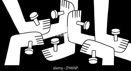 We are one. A number of feet joined together with nails. A hand drawn black and white illustration. Stock Photo