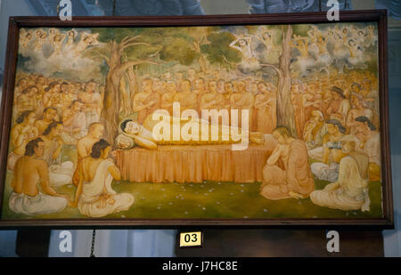 Kandy Sri Lanka Temple of the Sacred Tooth Sri Dalada Museum Painting Of The History Of The Tooth Relic - Buddha having attained parinirvana at Sala Grove of Malla Kings in the city of Kusinara Stock Photo