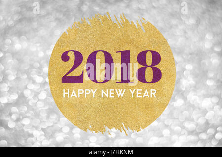 Happy new year 2018 word on gold circle glitter on silver sparkling bokeh lights background,Holiday greeting card. Stock Photo