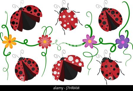 Ladybird beetles with shiny red and black spotted wing, vector pattern of crawling ladybugs and colorful flowers isolated white background. Stock Vector