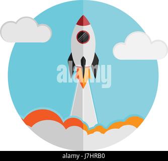 Illustration of a rocket ship launch in flat design vector style. Space travel, symbolizing business start or a new project development process. Innov Stock Vector